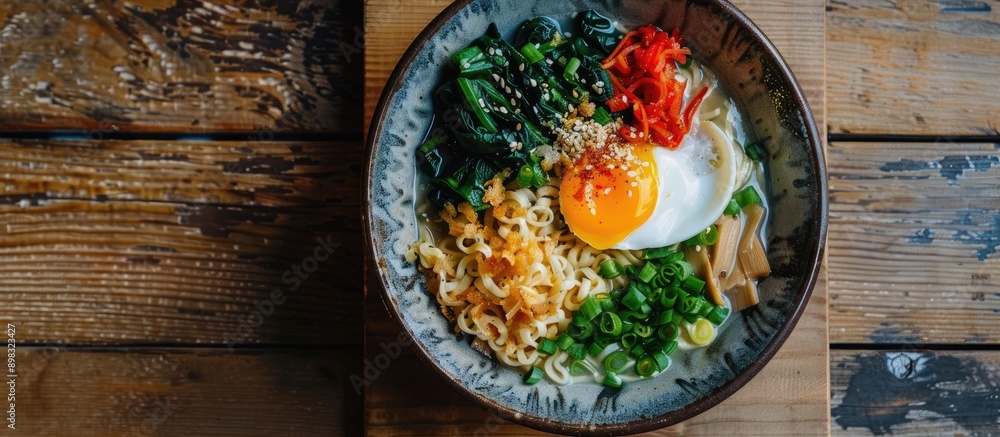 Aufkleber Top down view of delectable miso ramen with an egg in a bowl on a wooden surface ideal for adding text such as in a copy space image