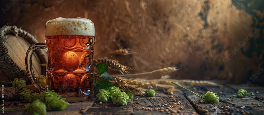 Poster A beer mug displayed on a table with wheat and green hops creating a rustic ambiance in a copy space image