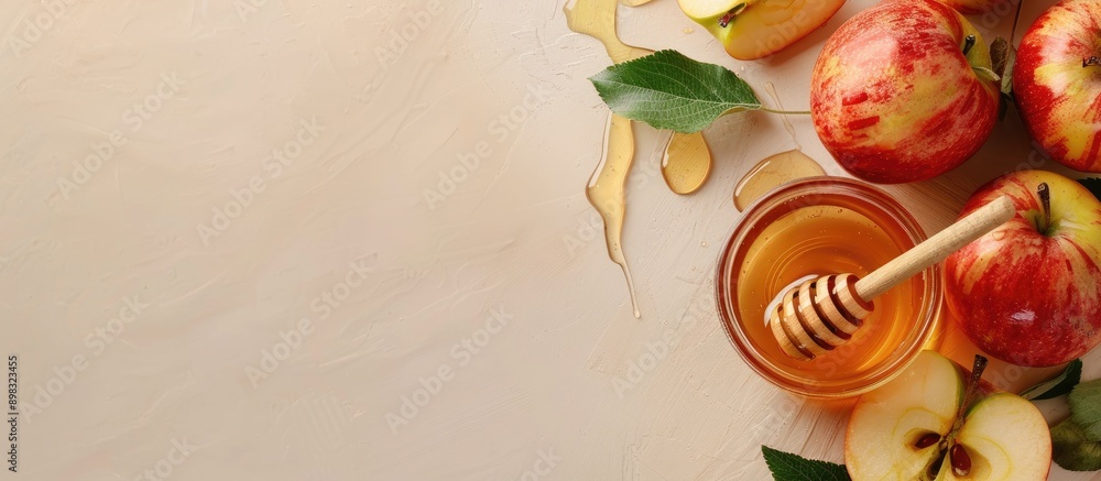 Poster close up copy space image featuring tasty apples honey jar and dipper on a beige backdrop