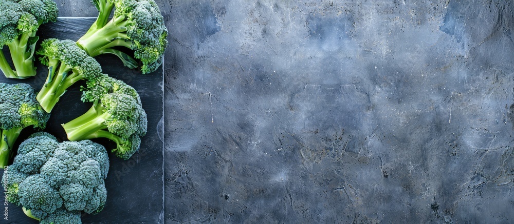 Poster display fresh whole and sliced broccoli on a textured slate stone plate against a gray background pe