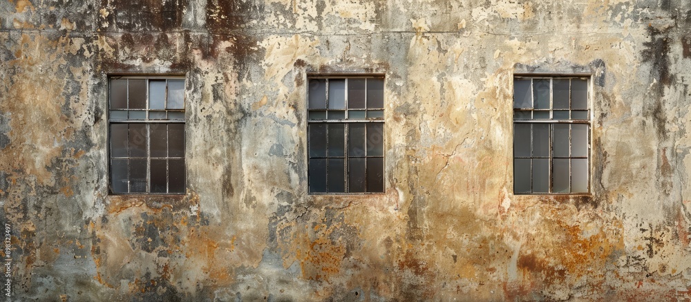 Poster texture of an aged wall featuring large panoramic windows providing a copyspace image