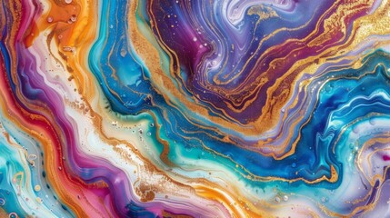 Colorful abstract background with golden liquid waves and glittering particles