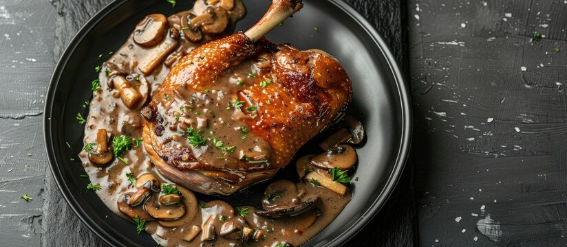 Top down view of duck leg confit with mushroom sauce presented on a black plate against a slate background with ample copy space image