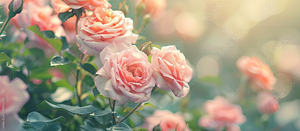 Poster Collage of roses blooming in summer with a soft pastel tone selective focus perfect for adding text or graphics against a blank background in an image. Creative banner. Copyspace image