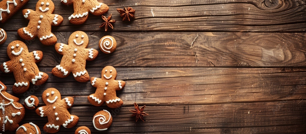 Aufkleber image of christmas gingerbread cookies on a wooden table with vignetting effect and space for text o