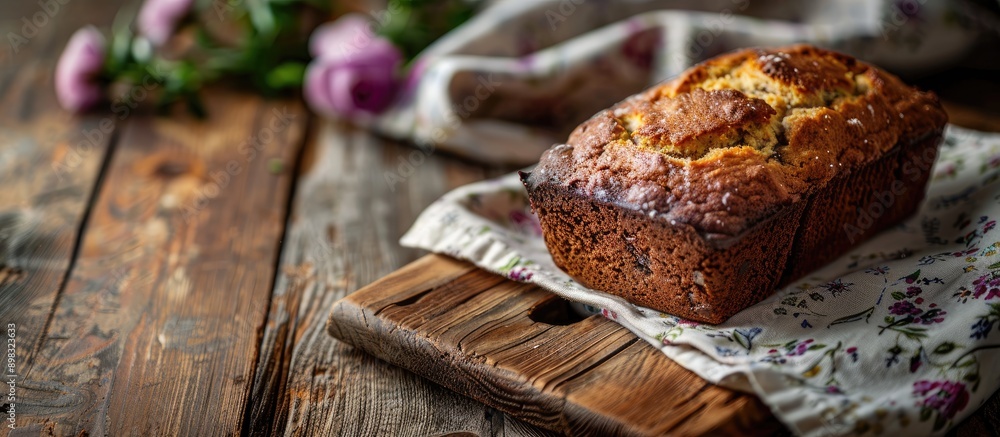 Poster a delicious loaf of banana bread perfect for breakfast or a snack with a rustic touch displayed on a