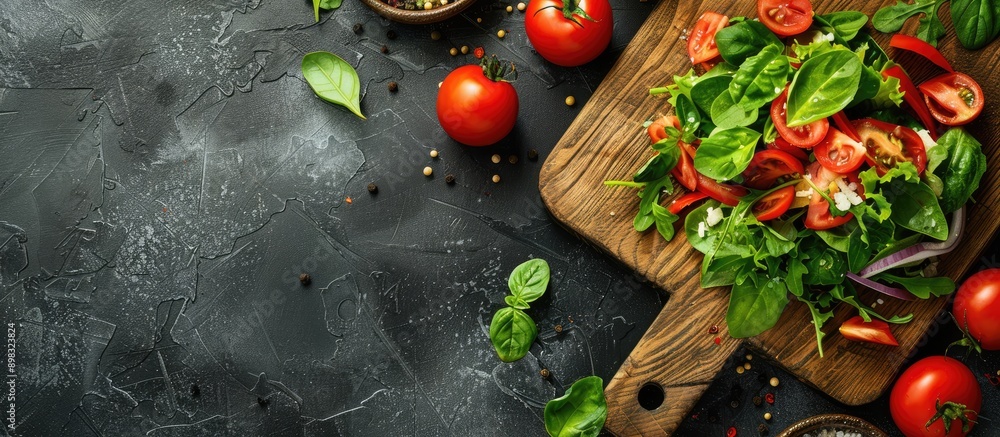Poster Top down view of a cutting board with salad ingredients featuring a copy space image for text placement