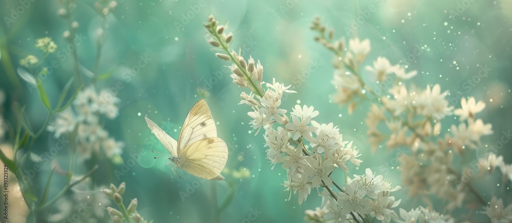 Aufkleber A butterfly hovers over a lovely white wildflower against a soft turquoise and green backdrop creating an enchanting spring themed composition with a copy space image