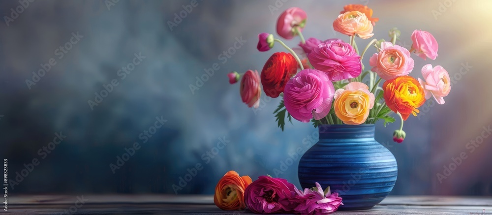 Aufkleber Close up image of a stunning Persian buttercup bouquet in a blue vase on a wooden table in soft light with a horizontal background soft focus and copy space image