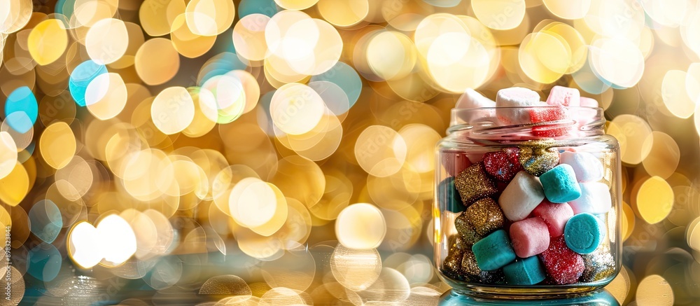 Poster Colorful dragees candies and marshmallows in a glass jar for a festive party setup against a golden backdrop with copy space image