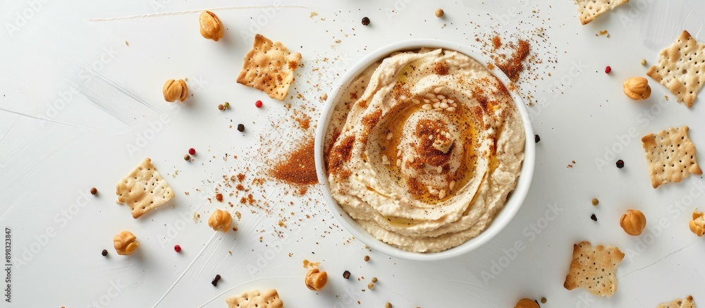 Poster top down view of a bowl of hummus surrounded by crispbread crumbs spices and a white background perf
