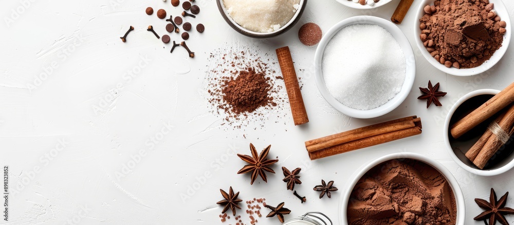 Leinwandbilder baking and dessert essentials like cinnamon cocoa sugar and spices displayed in a top view white bac