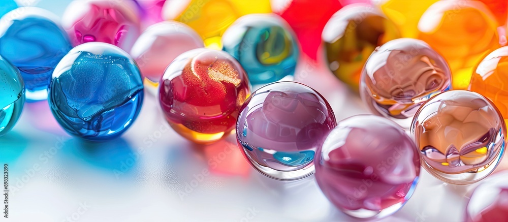 Poster close up macro photo of colored marbles on a white background with copy space image