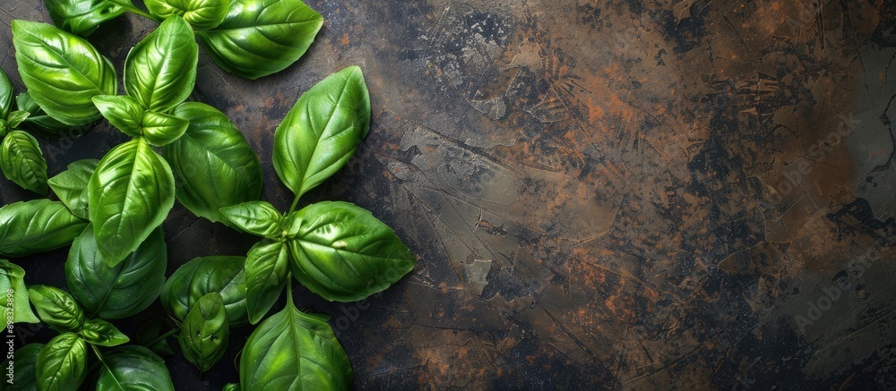 Poster Top view of basil a green herb used in cooking on a food background with space for text or images. Creative banner. Copyspace image