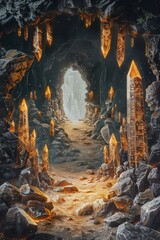 Naklejka premium Mystic Cave Entrance. A frame of rugged rocks, illuminated by glowing crystals. The center is a dark cave opening, with a hint of light at the far end.