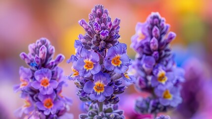 Fototapeta premium A cluster of purple blooms within a flowering plant, backed by yellow and purple blossoms