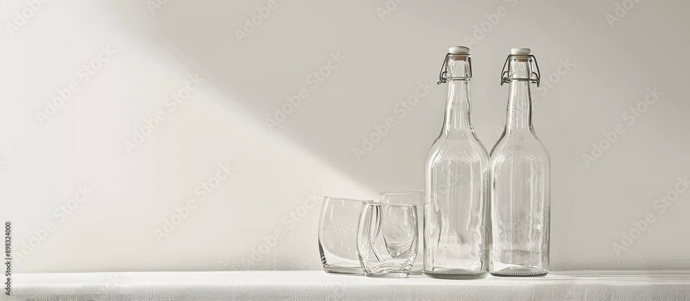 Poster a detailed perspective of an empty glass bottle and glasses against a white background in a copy spa