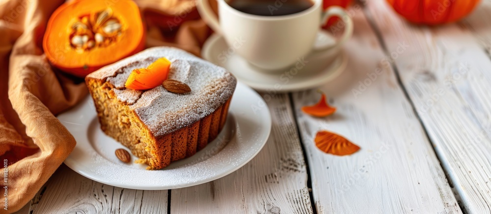 Poster a close up side view of a homemade cake with persimmon and pumpkin served alongside a cup of coffee 