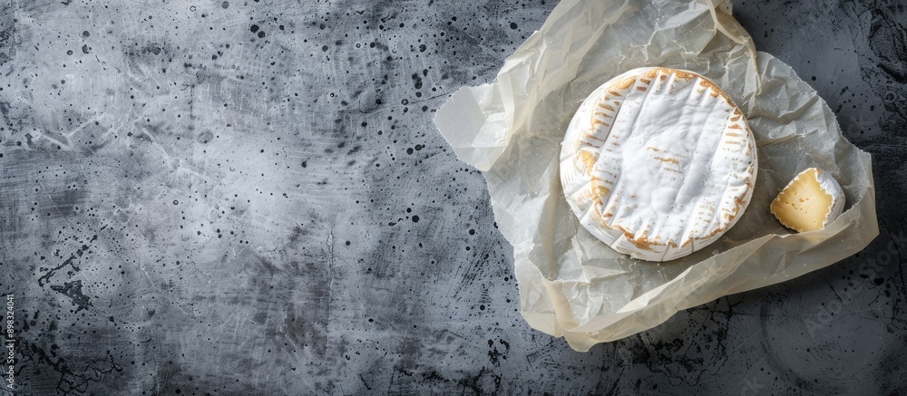 Poster Top view of Camembert cheese with white mold on parchment paper against a gray cement backdrop creating ample copy space image