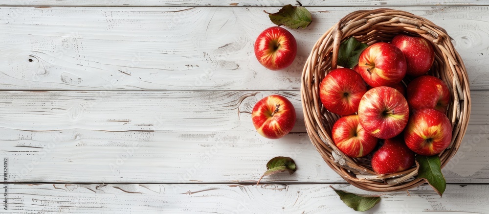 Aufkleber A basket filled with fresh apples displayed on a white wooden surface with ample copy space for additional content in the image