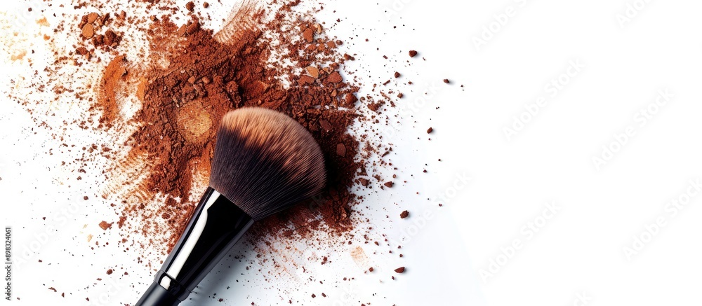 Poster cosmetics like a makeup brush and face powder displayed on a white background with ample copy space 