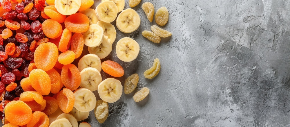 Leinwandbilder Assorted dried fruits like bananas apples and apricots arranged for a flat lay view creating a space for text with a copy space image