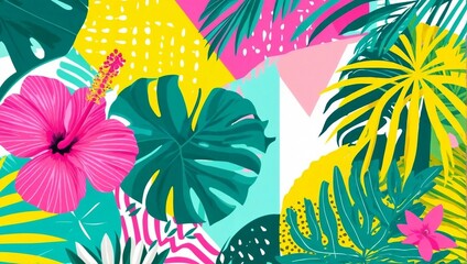 Naklejka premium Tropical Memphis Design with Colorful Plants and Flowers