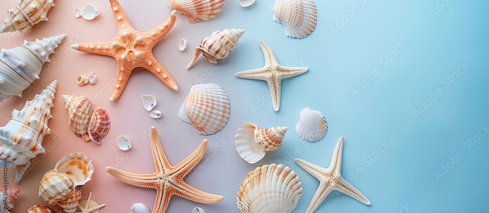 Poster a top view flat lay composition showing a summer theme with lovely starfish and sea shells arranged 