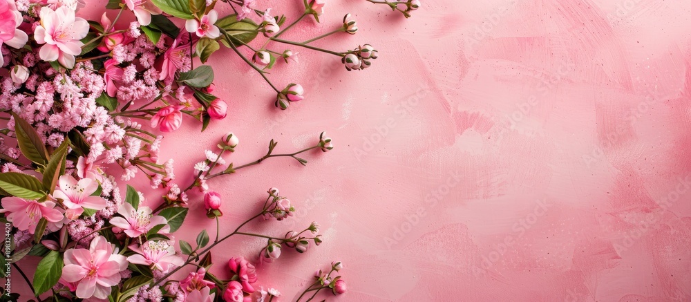 Aufkleber top down view of a floral arrangement on a pink background suitable for easter providing space for t