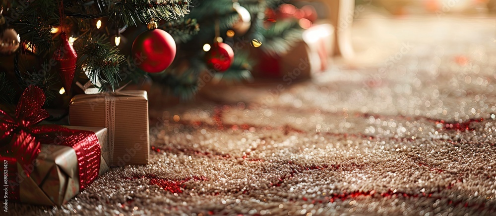 Aufkleber Closeup of a Christmas tree and presents on a carpet with copy space image