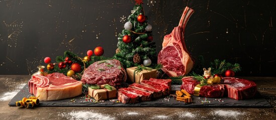 Christmas themed display of assorted raw beef steaks like Ribeye tomahawk T bone on a stone backdrop with tree toys and room for your text in the copy space image