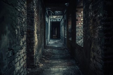 Creepy Abandoned Industrial Ruin: Dark Corridor in Scary Brick Factory