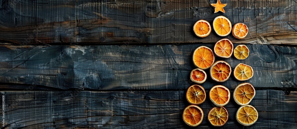 Poster dark wooden background showcases a christmas tree crafted from dried oranges offering copy space wit