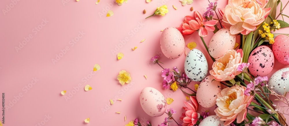 Aufkleber top down view of a floral arrangement on a pink background suitable for easter providing space for t