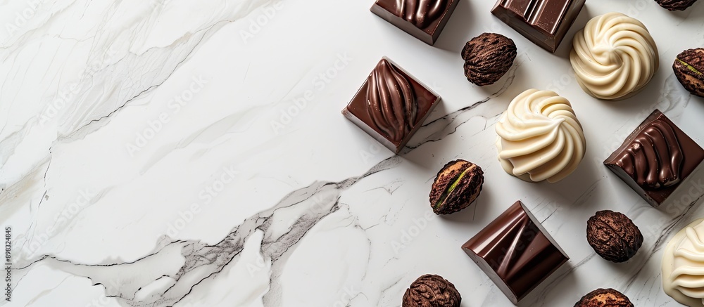 Poster delicious mix of chocolate candies with vanilla chocolate and pistachio cream on a marble backdrop s