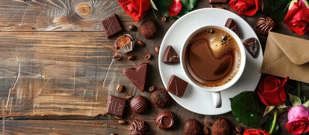 Poster a cup of coffee surrounded by chocolate candies roses and an envelope with a copy space image