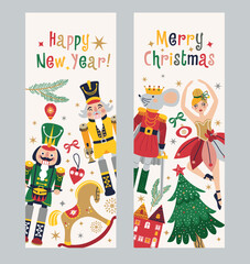Happy New Year Nutcrackers Vector banners set on Light Background. Postcard. Childish rocking horses. Christmas illustration.