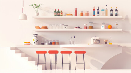 Obraz premium A kitchen with a counter and two stools