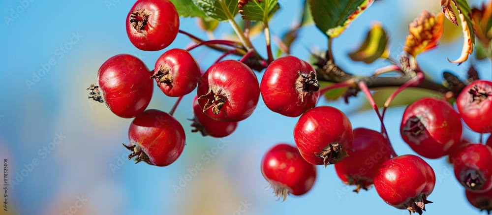 Aufkleber Close up of a hawthorn branch with large red fruits set against a blue autumn sky creating a vivid nature background for use as a fresh wallpaper with a selective focus on the copy space image