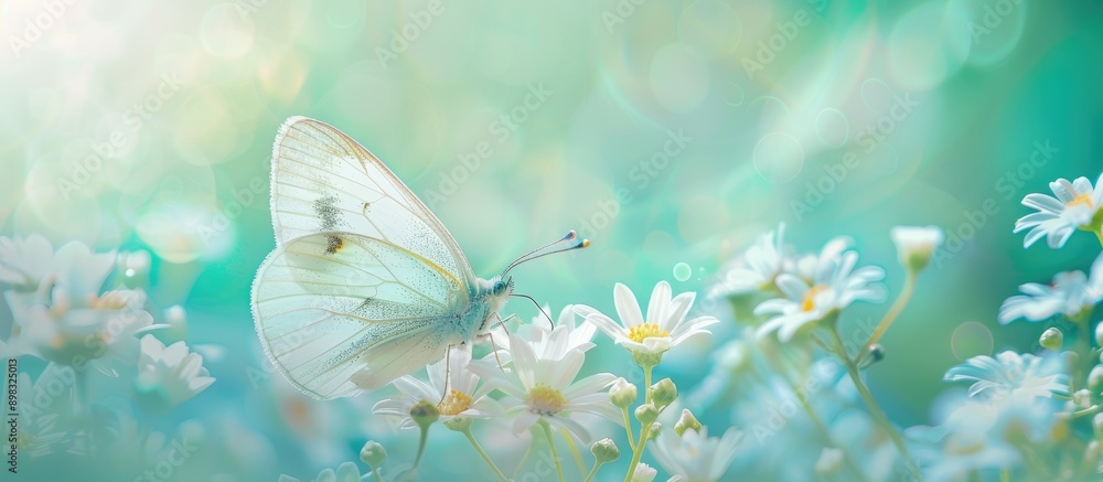 Poster A butterfly hovers over a lovely white wildflower against a soft turquoise and green backdrop creating an enchanting spring themed composition with a copy space image