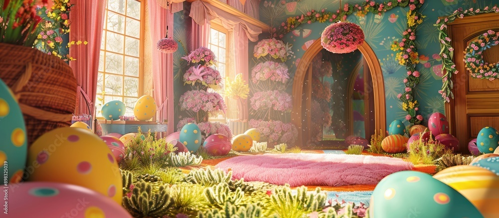 Poster decorations for a sunday easter egg hunt with a festive and happy holiday vibe featuring easter eggs