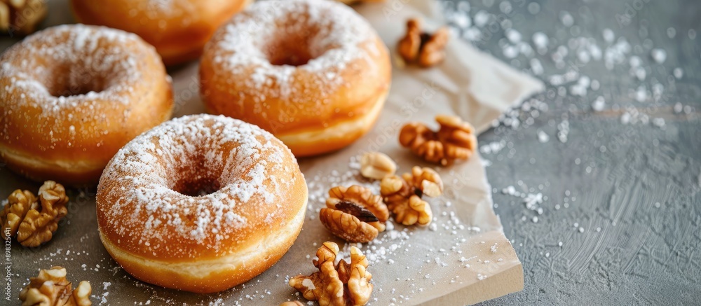 Leinwandbilder close up view of delicious donuts and nuts on a sheet of baking paper with copy space image