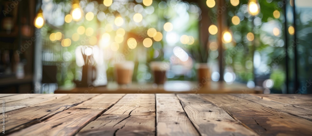 Aufkleber Blurry background in a cafe or coffee shop setting featuring a wooden table with bokeh effect perfect as a copy space image for showcasing products