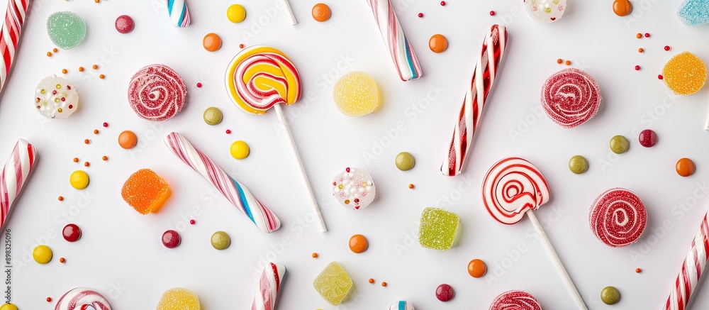 Leinwandbilder A vibrant assortment of lollipops and candies is displayed on a white background in a flat lay top view composition with plenty of copy space image