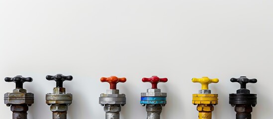 View from the back of plumbing valves against a white backdrop with copy space image and a included clipping path