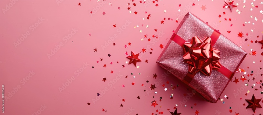 Aufkleber close up of a gift box on a pink background with a red bow and star shaped confetti allowing space f