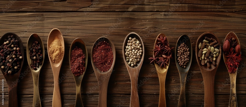 Poster display various spices drying in spoons on a textured wooden background with copy space image