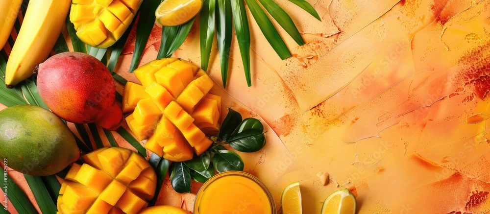 Poster colorful background showcasing tropical fruits and a fresh mango drink on a table with copy space im