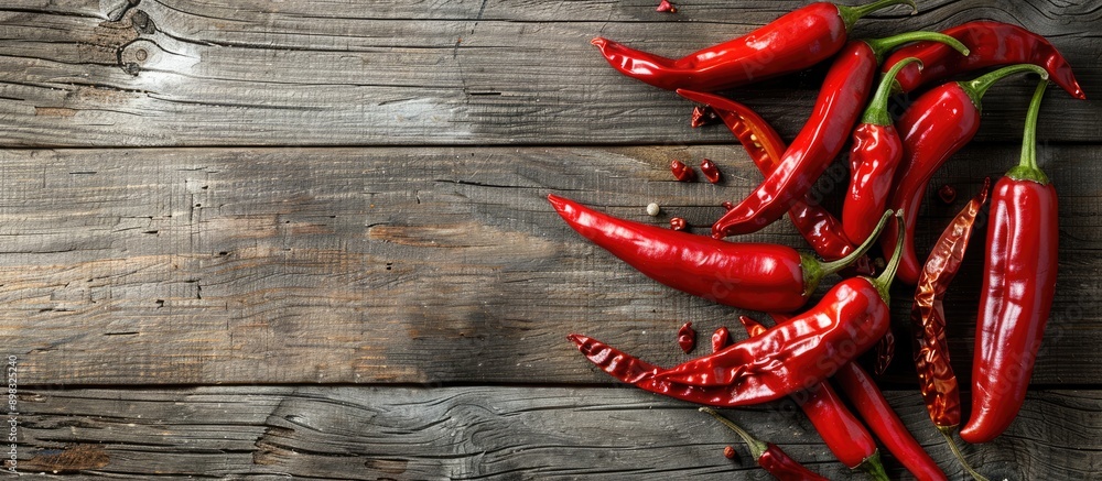 Poster chili peppers in bright red colors showcased on a rustic wooden surface with an instagram ready appe