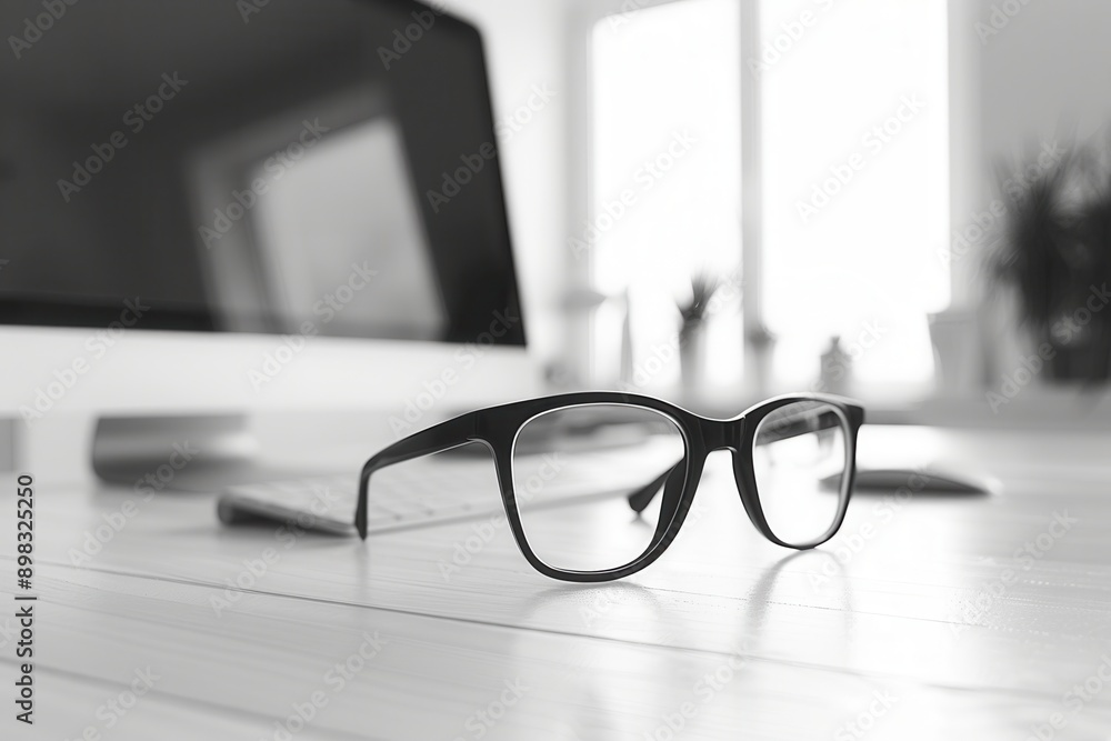 Fototapete a pair of black framed eyeglasses rest on a white desk with a computer monitor blurred in the backgr